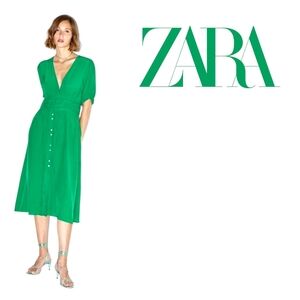 ZARA Empire Waist V-Neck Faux-Wrap Bodice Buttoned Front Midi Dress Green EUC LG